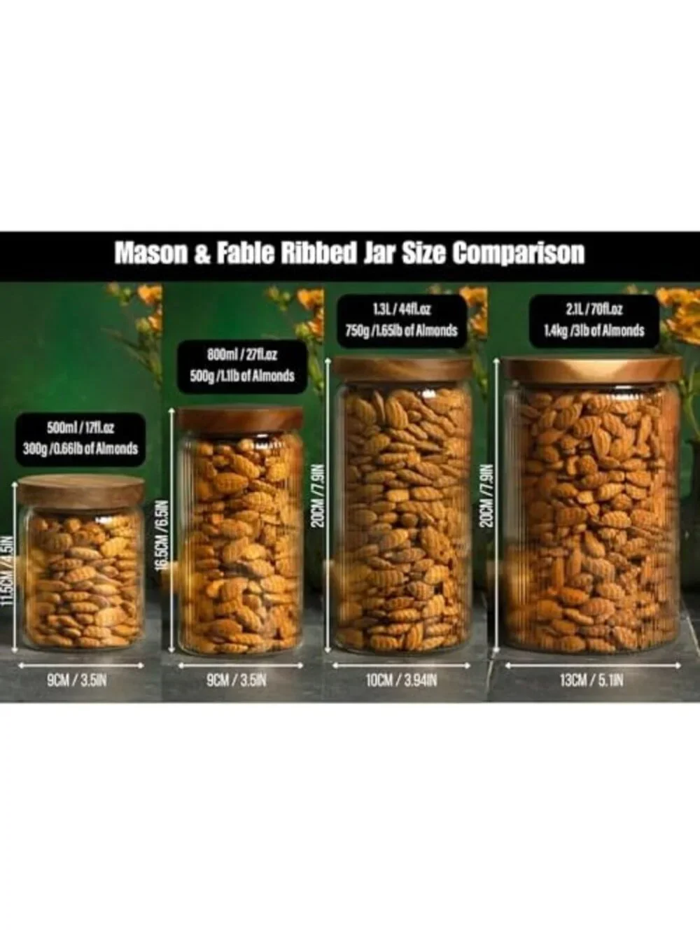 Ribbed Glass Storage Jars with Wooden Lids - Set of 3, Airtight Canisters for